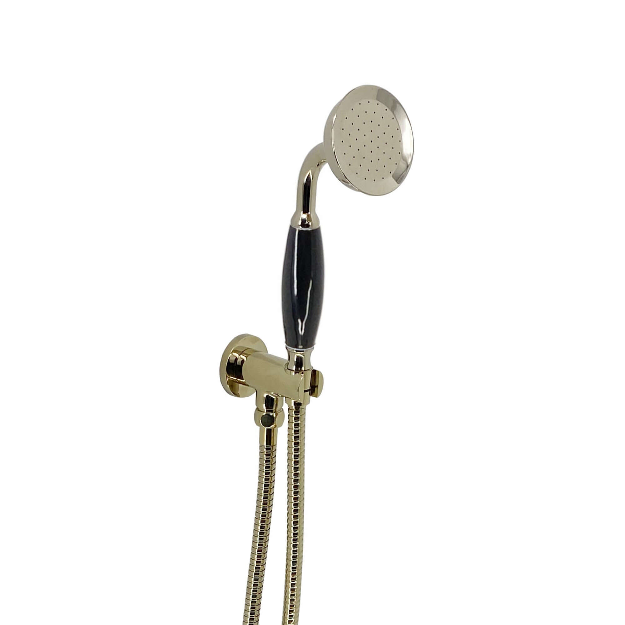 Buy Traditional Brass & Black Ceramic Hand Shower Kit Incl. Hose And Wall Bracket With Outlet - Gold Online UK | HOUSE OF ENKI